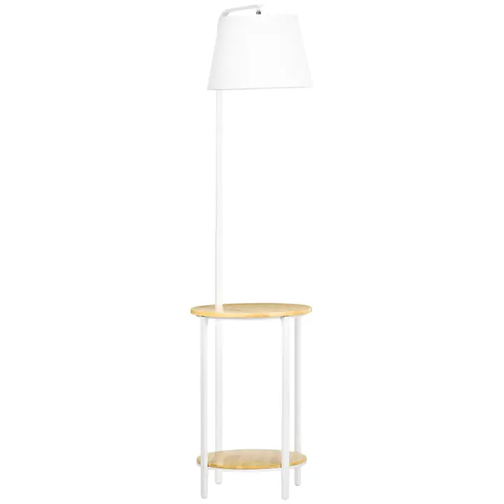 HOMCOM Lámpara de Pie Moderna con Mesas Lámpara con Estantes Casquillo E27 Máx. 40W con Pantalla de Lino e Interruptor de Pie para Salón Dormitorio 43x39,5x162 cm Blanco - 1