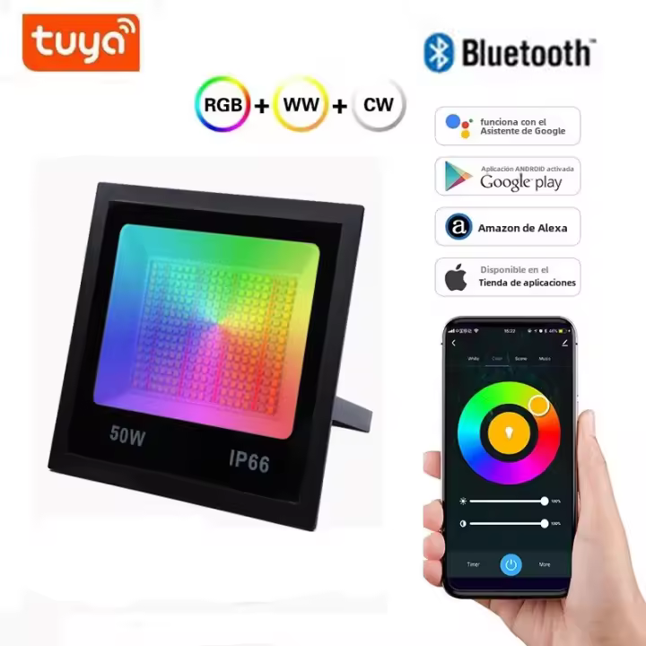 Lámpara De Inundación Inteligente RGB CW 50W Equivalente a 500W Luz LED Exterior Cambio De Color Con 16 Millones De Colores Tiempo Y Sincronización De Música - 1