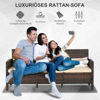 Outsunny Rattan Garden Lounge Sofá de Tres plazas con revestimientos, Estructura de Maple, MARRON, 68x173x78 cm, ideal para Terrazas y Jardines - details 4