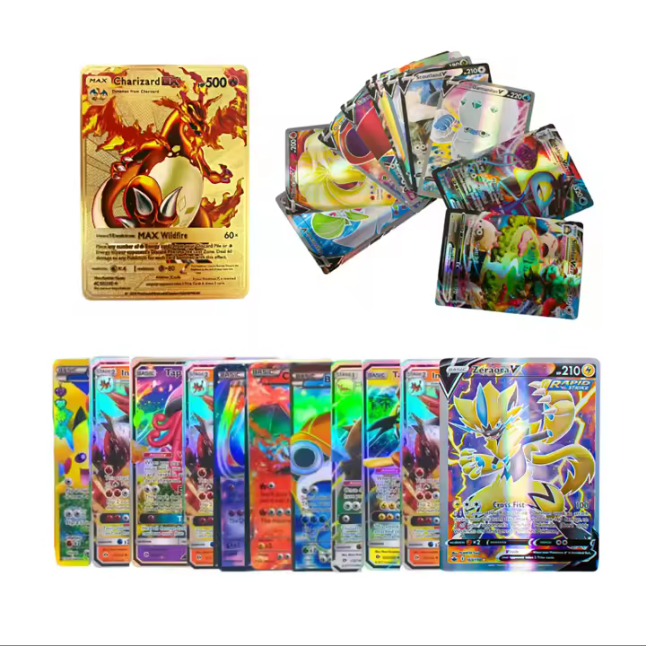 XOKOTAKI 100 Cartas Pokemon Brillantes + Tarjetas Metálicas de Oro Grabadas en Láser - 1