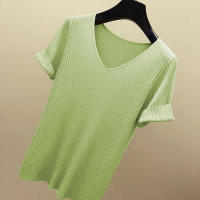 Camiseta De Mujer De Verano Con Cuello En V Y Manga Corta Tejida En Color Negro Y Naranja Estilo Slim Para Ocio Casual - details 11