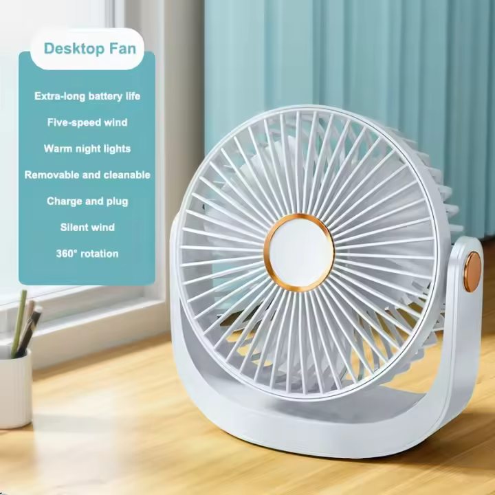 USB recargable, conveniente ventilador ultra silencioso, luz nocturna 360 ° giratorio y 5 velocidades ajustable velocidad del viento ventilador de escritorio portátil para oficina, dormitorio o uso al aire libre - 1