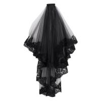 Vela De Novia Negra Con Encaje Corta VINOPROM Para Mujer Doble Capa Estilo De Borde De Encaje Hebilla Incluida Medio Largo - details 1