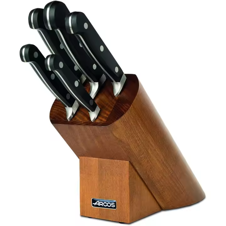 Arcos Juego de Cuchillos Set Cuchillos  Tacoma Taco Cuchillos  5 Piezas  Cuchillos Forjados  Cuchillos Profesionales  Hoja de Acero Inoxidable Forjado NITRUM, Mango de Polioximetileno (POM), Bloque de madera, Color Marrón - 1