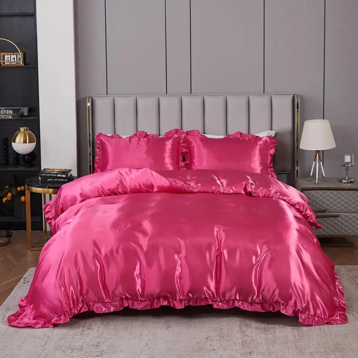 Set De Sábana De Satén 3PCS Rosa Y Rosa Claro Seda Suave Con Volante Estilo Moderno Para Cama Tamaño Variado 100% Poliéster - 1
