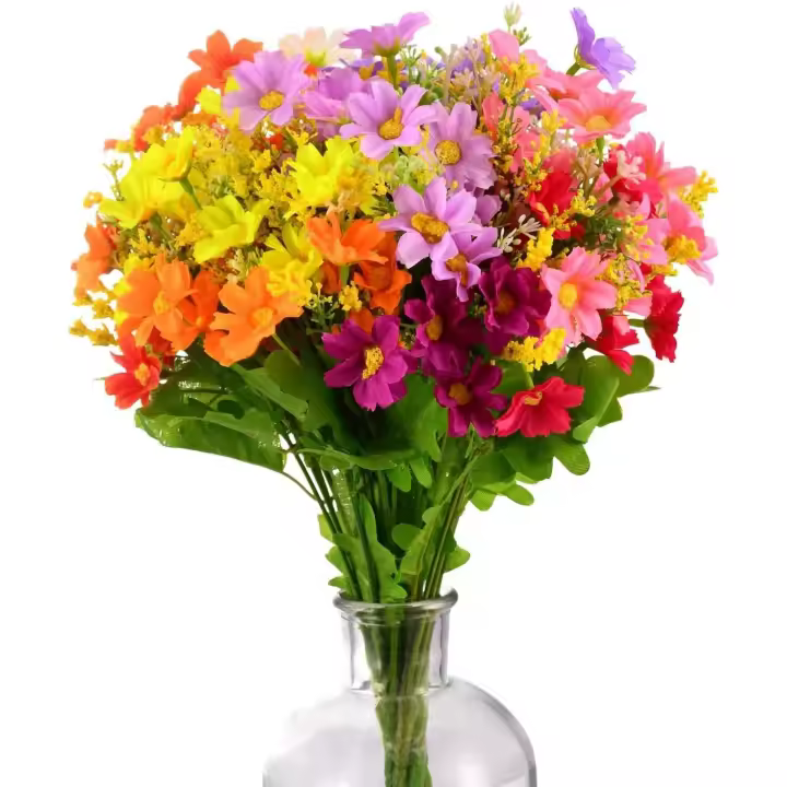Flores artificiales de seda de margaritas artificiales, flores silvestres, 6 paquetes de 6 colores, arbustos verdes resistentes a los rayos UV para exteriores, plantas, cesta colgante para interiores y exteriores - 1