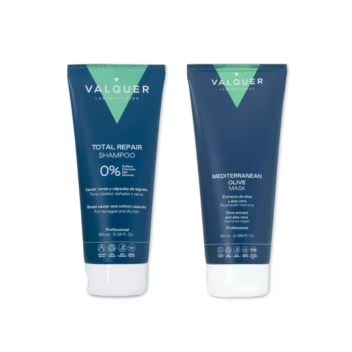 Valquer Laboratorios Pack Champú y Mascarilla Capilar de Oliva Reparación Total-180 ml + 180 ml.  Diseñado para cabellos dañados y secos, este dúo combina la ciencia natural con ingredientes innovadores para restaurar la vitalidad y suavidad de tu melena. - 1