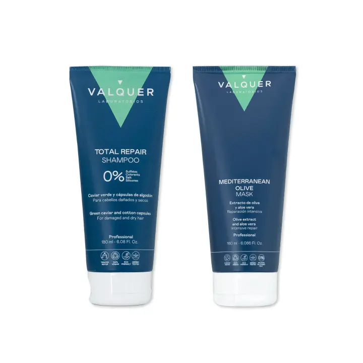 Valquer Laboratorios Pack Champú y Mascarilla Capilar de Oliva Reparación Total-180 ml + 180 ml.  Diseñado para cabellos dañados y secos, este dúo combina la ciencia natural con ingredientes innovadores para restaurar la vitalidad y suavidad de tu melena. - 1