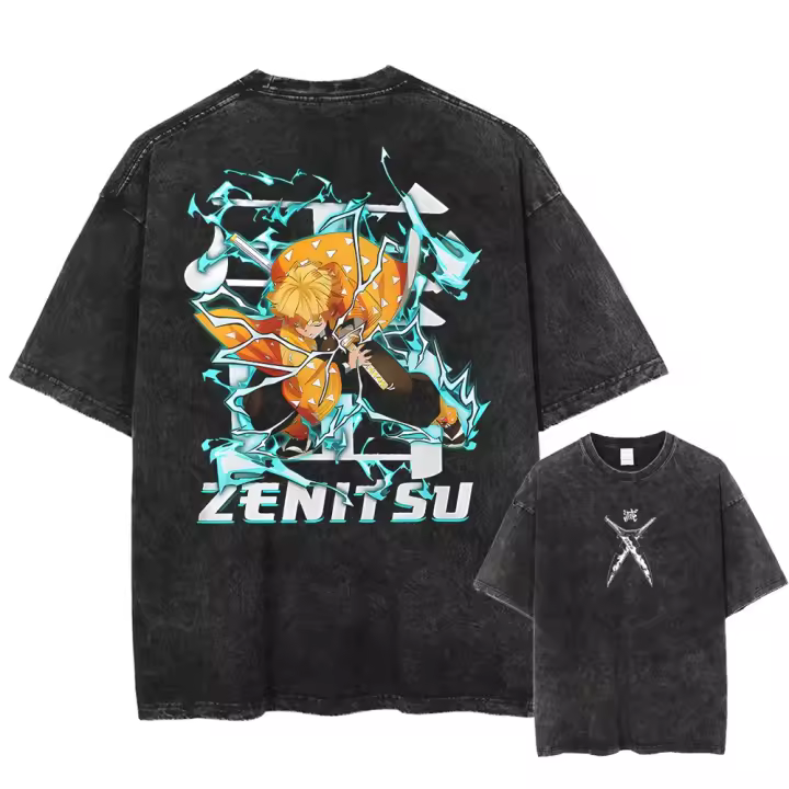 Camiseta De Algodón Vintage Lavada Con Diseño De Anime Demon Slayer Para Hombres Camiseta Gráfica De Calle Casual Para El Verano Sin Capucha Cuello Redondo - 1