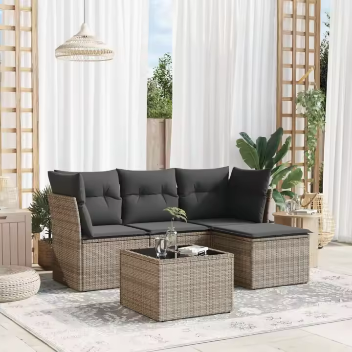 vidaXL Juego de sofás jardín con cojines 5 pzas ratán sintético gris - 1