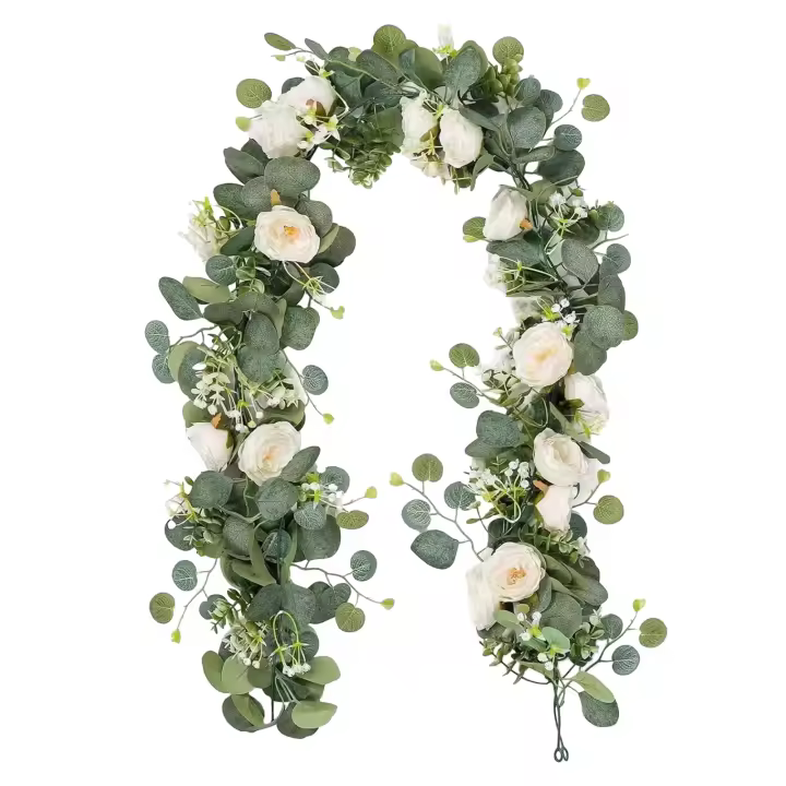 Guirnalda De Eucalipto Artificial Vinatera Para Decoración De Pared Y Hogar Hojas Verdes Y Blancas Material Plástico Tamaño 180cm - 1