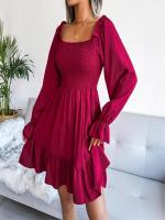 Vestido Elegante Para Mujer Nueva Moda Manga Larga Cuello Cuadrado Casual Color Sólido Otoño Invierno Con Volantes Vestido De Mujer De Pierna Larga Estilo Bohemio - details 6