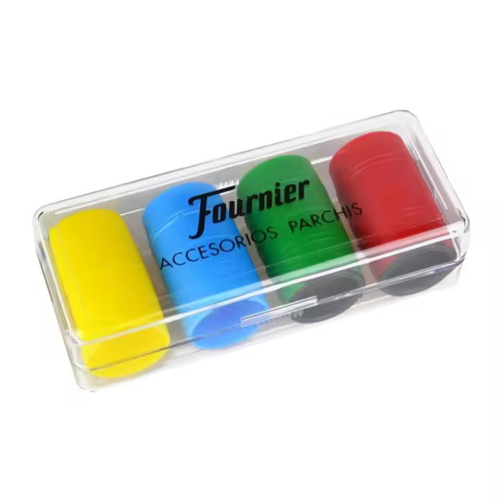Cubiletes de colores para parchís | FOURNIER - Caja plástico con 4 cubiletes de distinto color, incluye fichas y dados // Ref: F06513 - 1