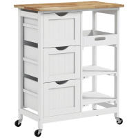 HOMCOM Carro de Cocina, Carrito Auxiliar con Ruedas, Tablero de Madera, 3 Cajones, 2 Estantes Abiertos y Bandeja Extraíble, para Comedor Salón, 67x37x85,5 cm, Blanco - details 0