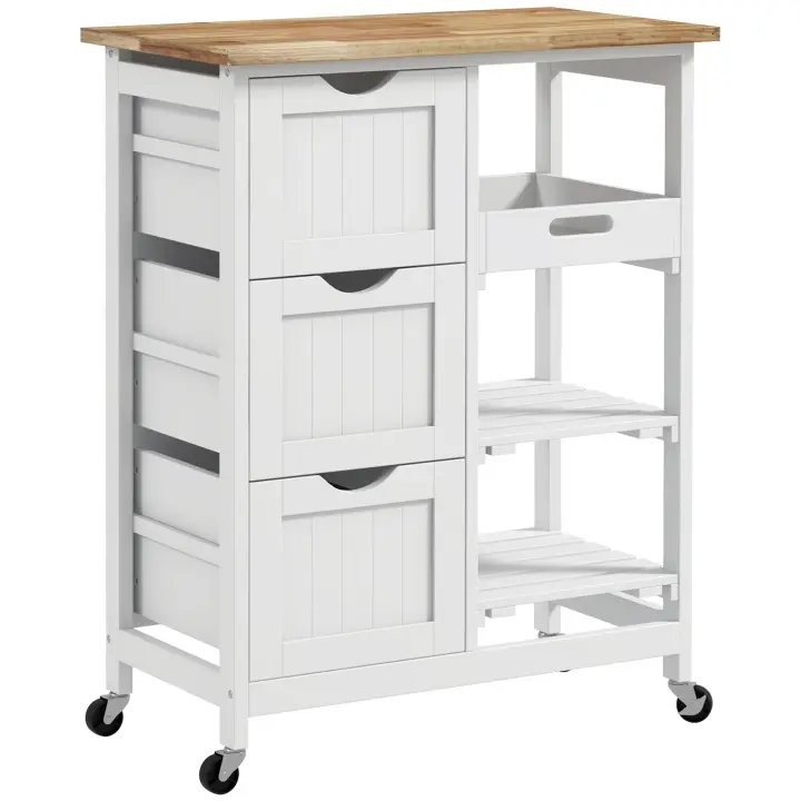HOMCOM Carro de Cocina, Carrito Auxiliar con Ruedas, Tablero de Madera, 3 Cajones, 2 Estantes Abiertos y Bandeja Extraíble, para Comedor Salón, 67x37x85,5 cm, Blanco - 1