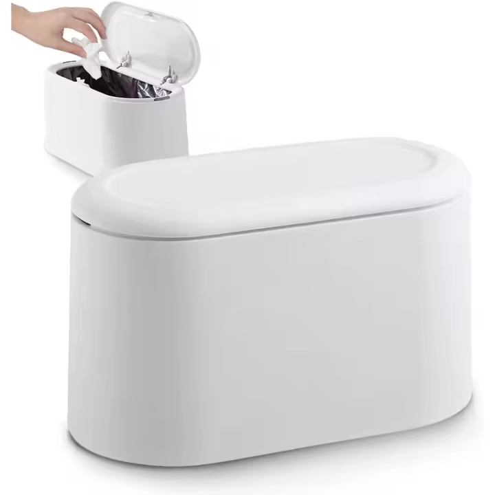 Small Tabletop Trash Can with Push Button Lid for Office, Bathroom, Kitchen and Bedroom, Pet Food Storage - 1