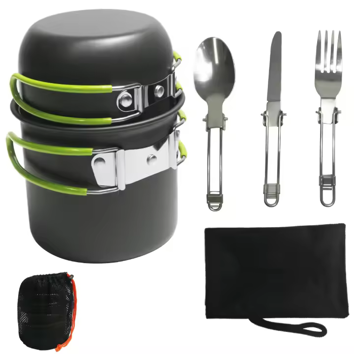 Inuitz Set de cocina antiadherente plegable, incluye 2 cazos, 1 tenedor, 1 cuchara, 1 tenedor, fabricado en aluminio, bolsa con zip para mejor transporte, ideal para actividades outdoor - 1