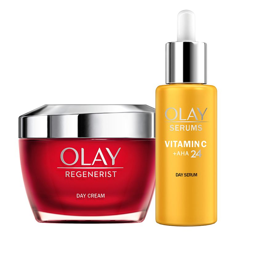 Olay Regenerist Crema Facial De Día, Hidrata Al Instante Y Durante 24H, Piel Más Firme En 14 Días + Olay Sérum Antimanchas De Día Vitamina C + AHA24 50+40ml