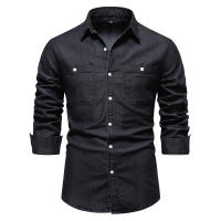 Camisa De Mezclilla Para Hombre Nueva De Otoño Con Doble Bolsillo Cierre De Correa Casual Diseño Social Justa Algodón Y Spandex - details 1