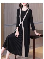 Vestido Plisado Estilo Miyake Para Mujer Nueva 2025 Color Sólido Falso Dos Piezas Cuello Redondo Manga Larga Talla Grande Suelta Falda Plisada - details 14