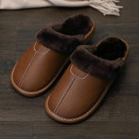 Zapatillas De Cuero Para Hombre Invierno Pantuflas De Terciopelo Grueso Y Impermeables Para Dormitorio Calzado Interior Cálido - details 6
