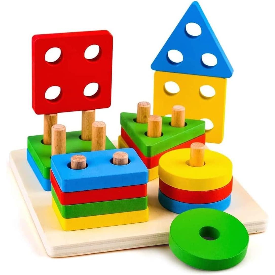 Juguetes Apilables de Madera y Tablero para Apilar Figuras| Juego de Figuras Geométricas Apilables | Non-Tóxico Juguete de Madera | Juguetes Educativos