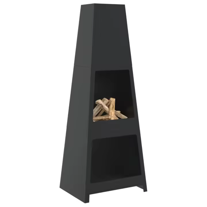 vidaXL Chimenea de exterior con leñero y diseño de torre acero negro - 1