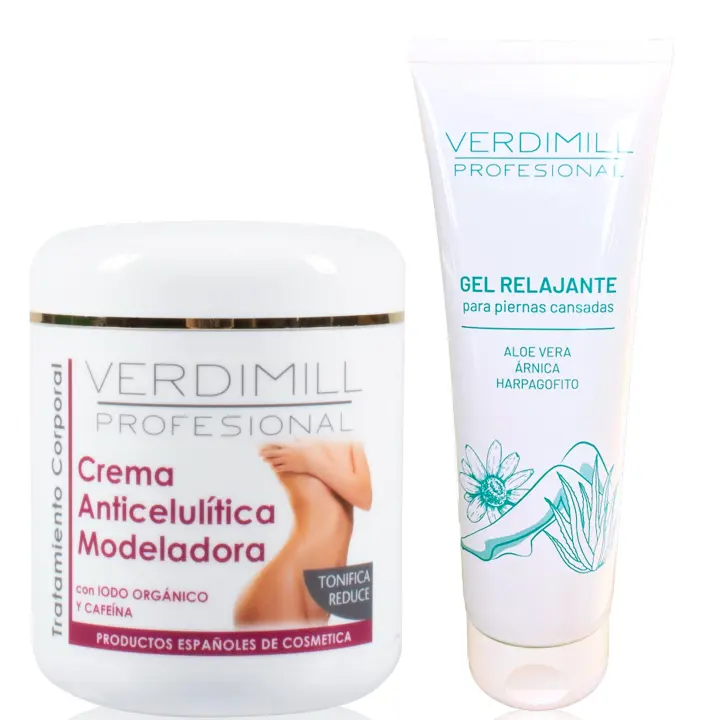 Verdimill Gel Relajante para Piernas Cansadas con extracto de Arnica, Aloe vera y Harpagofito 250ML + Verdimill Crema Modeladora Anticelulítica 500 Ml - Elimina Grasa y Reafirma Piel PACK VERDIMILL - 1