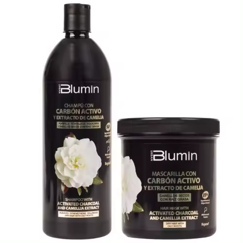Tahe Pack XXL Blumin Carbón Activo y Extracto de Camelia | Champú 1000 ml + Mascarilla 700 ml | Cabellos secos con raíz grasa. - 1
