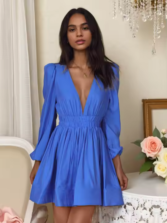 Vestido Mini De Manga Larga Para Mujer Estilo A-line Con Cuello En V Y Cintura Elástica Casual Y Fluído Vestido De Fiesta - 1