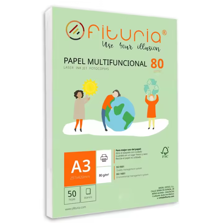 Paquete de folios A3 de 80gr con 50 Hojas Blancas, Papel Multifuncional para Uso Escolar y Entornos Laborales. Ideal con impresoras láser, de inyección o fotocopiadoras - Ofituria - 1