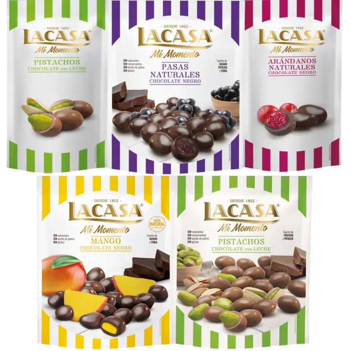 Lacasa Mi Momento pack de 5:Arándano choco Negro 60G,Pistacho Leche 50G,Pasas choco Negro 150G,Pistacho Leche 100G,Mango choco Negro 115G - 1