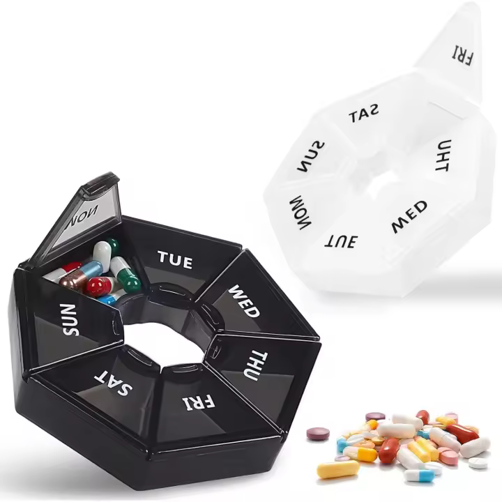 ®Pastillero Semanal de 2 Pieza,7 Días - Caja de Pastillero Diario,Pastillero Pequeño de Fácil Apertura, apto para medicamentos, vitaminas, aceite de hígado de bacalao (blanco+negro) - 1