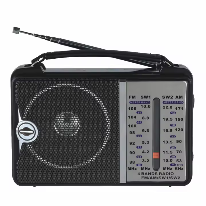 Radio Vintage 4 Bandas FM AM SW1 SW2 | Portátil con Antena y Asa | Dual Power: Pilas 3V o Red 220V | Diseño Retro Clásico para Casa o Exterior - 1