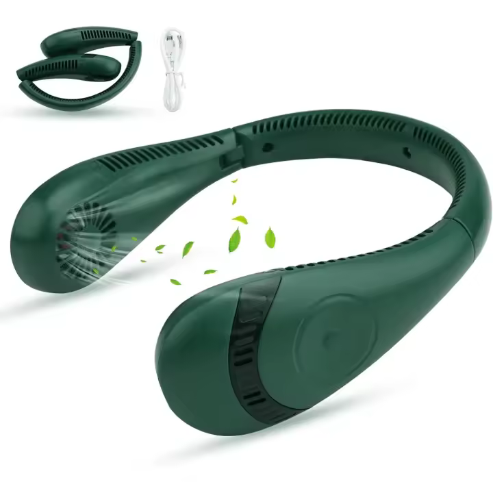 Ventilador portátil, plegable, para Colgar en el cuello, recargable por USB with 3 velocidades, sin Aspas, ideal para Viajes, camping y Running (5000 mAh) (Verde) - 1