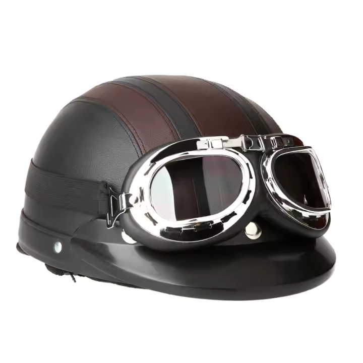 Casco De Motocicleta Retro Vintage Con Visera Y Gafas De UV Material De Cuero Y ABS Tamaños 54-60cm Para Hombre Y Mujer - 1