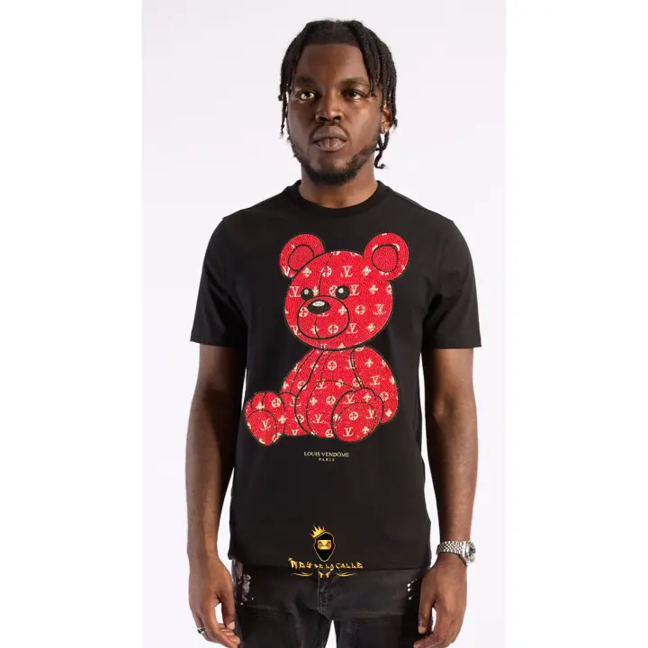 Camiseta  Louis V Negra Pedrería Brillante Oso Rojo - 1