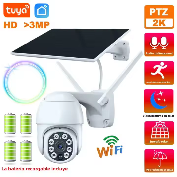 Cámara Solar Tuya WiFi 3MP Con Batería De 10000mAh PTZ Exterior Vigilancia Nocturna Vision Infrarroja Seguimiento Humano AI CCTV Inteligente - 1