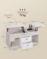 Mesa de Centro, Mesa de Café con Tablero Elevable, 2 Cajones y Compartimentos Ocultos, Estantes Abiertos, para Sala de Estar, Estudio, Blanco o Beige - details 5