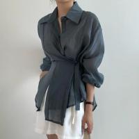 Camisa Casual Para Mujer Suelta Con Cinturón Y Cuello En V Vintage De Manga Larga Transpirable Para Oficina Y Uso Diario - details 6