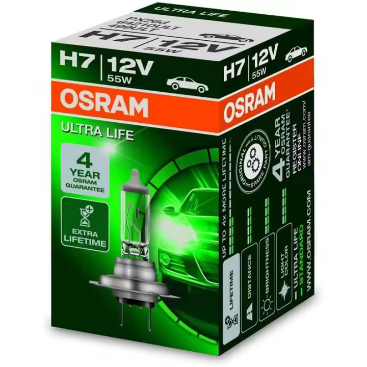 OSRAM ULTRA LIFE H7, lámpara para faros halógena, 64210ULT, automóvil de 12 V, estuche (1 unidad) - 1