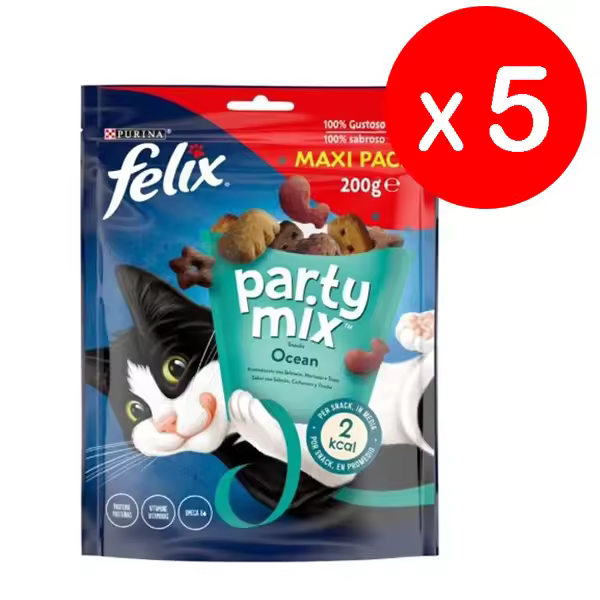 FELIX - Party Mix Ocean (5 bolsas x 200 gr) - Snacks para Gatos (Salmón, Carbonero y Trucha) - 1