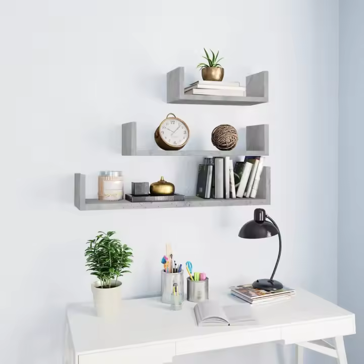 Estantes de pared 3 piezas madera contrachapada gris hormigón - 1