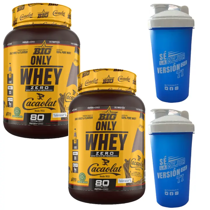 2X ONLY WHEY ZERO (2X1KG)  Cacaolat - Big + 2 mezcladores / Baja en lactosa  Baja en azúcares  Calidad garantizada  Deliciosa  Nutritiva - 1