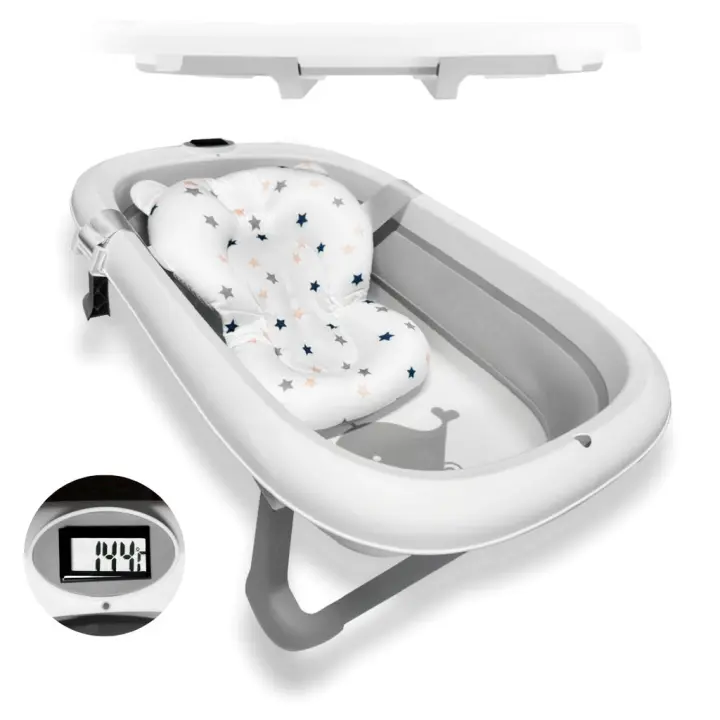 BATHBY Bañera Plegable Gris para Bebés Recién Nacidos, con Cojín Reductor, Termómetro Integrado y Patas Antideslizantes, Compacta y Segura (Gris ballena pastel) - 1