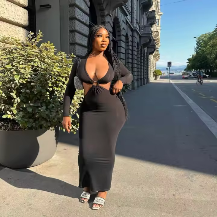 Vestido Largo De Cintura Alta Con Capucha Y Manga Larga En Color Sólido 2024 Primavera Vestido Slimming Con Espalda Descubierta Y Cuello En V Para Mujer - 1