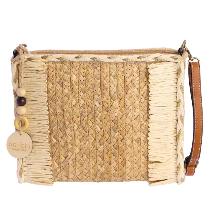 Bolso bandolera para mujer AMICHI Lisa de rafia crudo con cierre de cremallera - 1