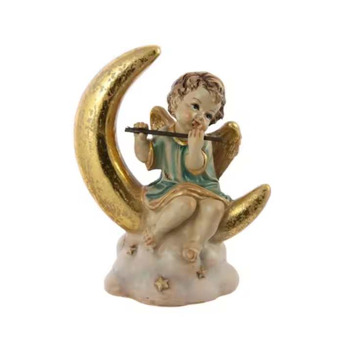 Figura decorativa resina angelito encima de la Luna con instrumento musical con detalles dorados multicolor 14 cm de Alto - ideal para decoración y regalo - 1