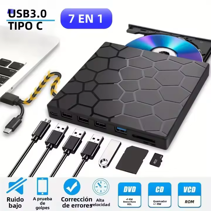 Jugueteportable DVD 7 En 1 Con Drive Externo CD/DVD USB 3.0 Tipo C Grabador De Disco Externo Para Desktop Mac Windows Linux - 1