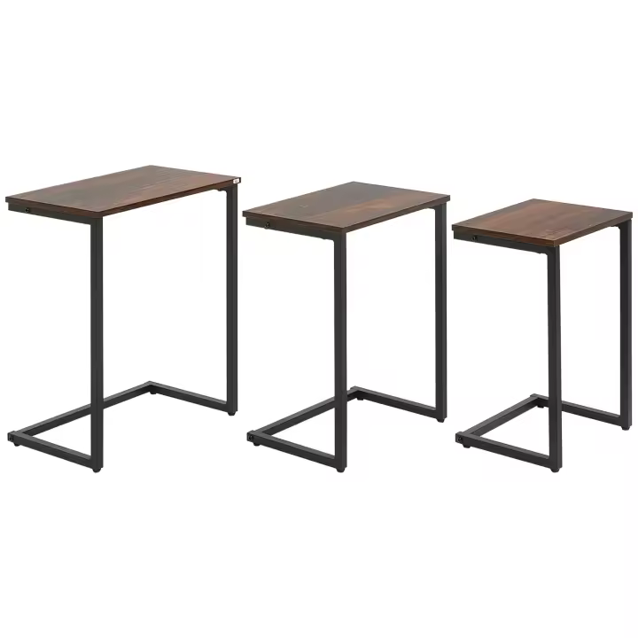 HOMCOM Juego de 3 Mesas Auxiliares Mesas Nido Industrial en Forma de C con Patas de Acero para Salón Dormitorio Oficina 45x30x60 cm 40x28x56 cm y 34x25x50 cm Marrón Rústico - 1